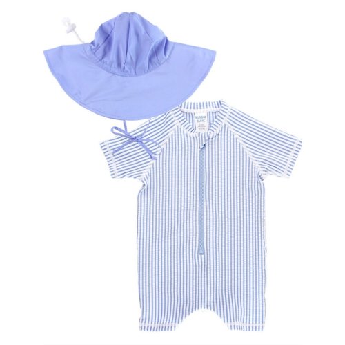 Periwinkle Seersucker Short Sleeve One Piece Rash Guard & Periwinkle Sun Hat Set