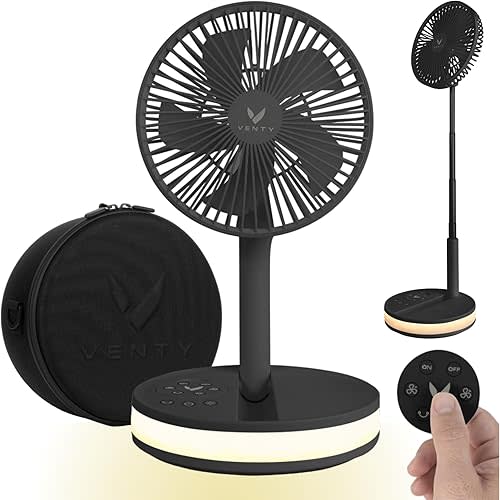 VENTY Original Portable Fan - Wireless Battery Operated Fan With 4 Speeds, LED Lighting, Carry Case & Remote Control - Premium Travel Rechargeable Fan & Power Bank With USB & USB-C Ports (Black)