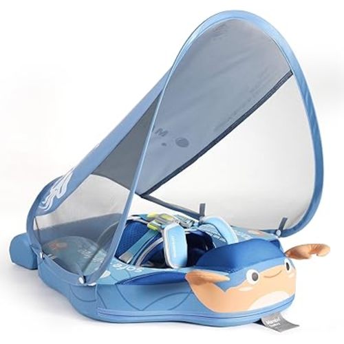 Mambobaby Float Add Tail Baby Swim Float with Canopy Solid Pool Infant Swim Trainer Swimming Training Lying Air Free Water Floats Non-Inflatable Waist Swim Ring for Toddlers (Crab - Blue)