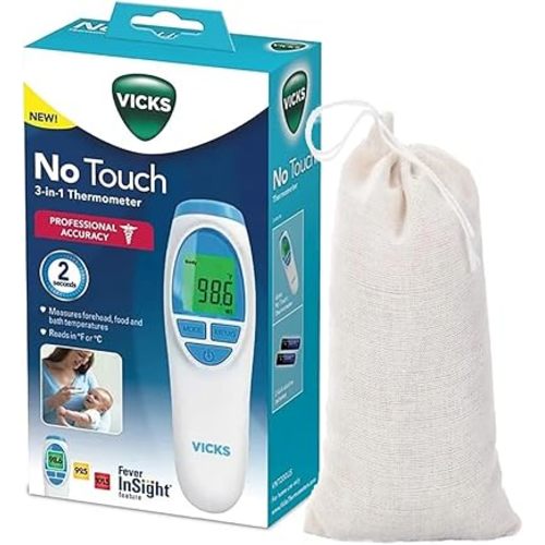 Vicks No Touch 3-in-1 Thermometer, Measures Forehead, Food and Bath Temperatures, with Bonus Carrying Bag