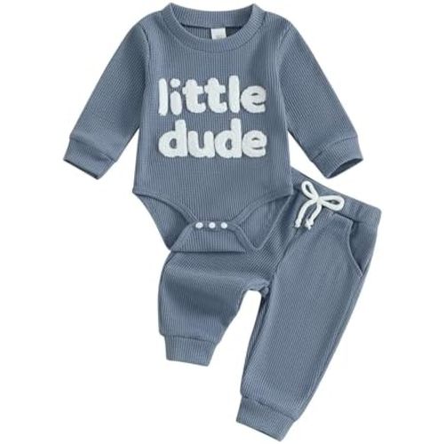 FOMOYUU Newborn Baby Boy Clothes Waffle Letter Embroider Long Sleeve Romper Pullover Tops and Pants Sets Fall Winter Outfits