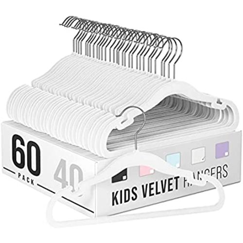Clothes Baby Hangers for Closets - Unique Notches for Non Slip. Heavy-Duty Velvet Kids & Toddler Hangers for Closet | Ultra Thin Design for Space Saving. Ganchos De Ropa para Bebe (60 Pack White)