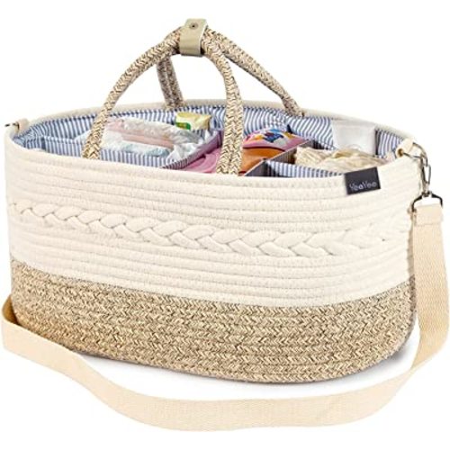 Baby Diaper Caddy Organizer, X-Large, 5 Grids, 8 Pockets, Shoulder Strap Portable Nursery Storage Basket with 2 Changeable Compartments, 100% Cotton Woven Rope Bins, Newborn Gift