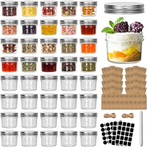 CycleMore 40 Pack 4oz Clear Mason Jars With One Piece Silver Lids, Mini Glass Canisters, Spice Bottles, Canning Jars for Honey, Jam, Jelly