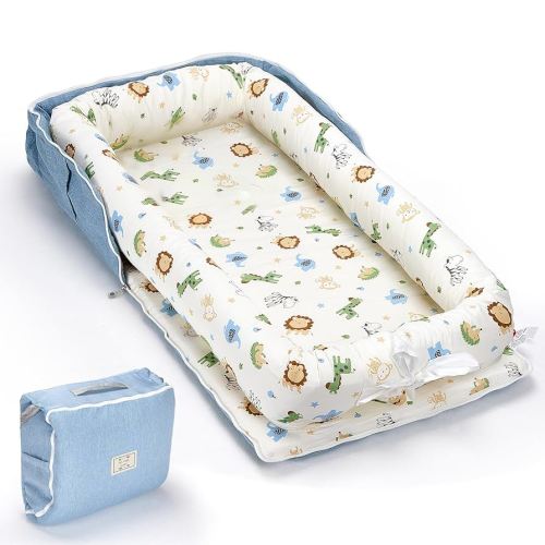 Baby Lounger for Newborn, Huggynest Portable Infant Lounger for 0-12 Months Newborn, Home Travel Dual-Purpose Baby Nest (Animal World Blue)