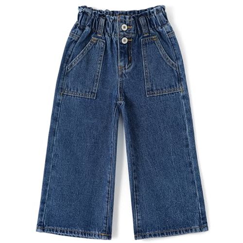 KIDSCOOL SPACE Baby Girls Jeans,Toddler Elastic Waist with D-Ring Slant Pockets Wide-Leg Denim Pants