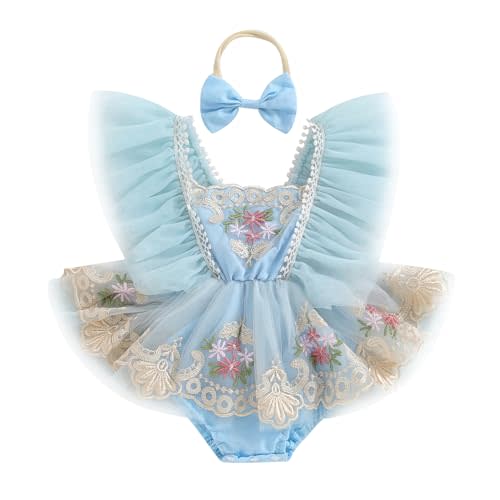 Infant Baby Girl Romper Embroidery Flower Lace Baby Tutu Dress Romper Baby Girl Festival Clothes with Bow Headband