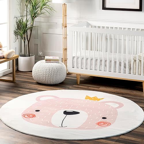 nuLOOM 4' Round SpinClean Machine Washable Stain-Resistant Area Rug with Non Slip Backing, Medium Profile for Living Room, Bedroom, and Dining Room, Nesta Pale Pink
