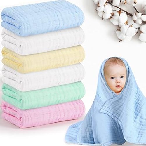6 Pack Baby Muslin Bath Towels 43.3 x 43.3 Inch Cotton Soft Infant Towels Large Swaddle Receiving Blankets 6 Layers for Newborn Toddlers Boys Girls