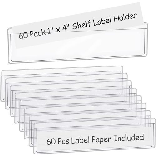 60 Pack 1.2" x 4.3" Self Adhesive Label Holders with 60Pcs Paper Label Inserts, Shelf Tag Label Holder Clear Pockets for Bookshelf Mailbox Shelves Storage Bins