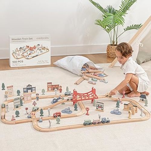 Comfy Cubs 30-Piece Wooden Train Set for Toddlers Ages 1+, Fun & Eco Friendly Toddler Train Set with Wooden Toy Tracks - Creative Toy Town Promoting Imaginative Play with Flexible Configuration