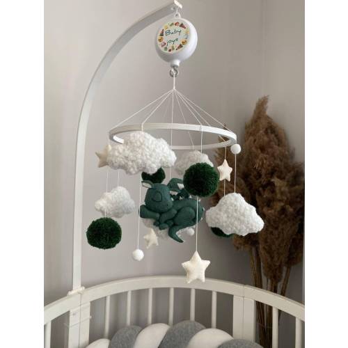 Handmade Baby Mobile with Sleeping Dragon, Clouds, Stars, Felt Nursery Mobile, Baby Shower Gift, Woodland Theme Mobile, Neutral Mobile