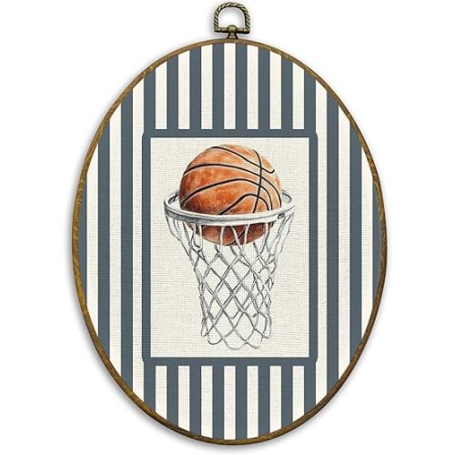 CUANFDDSF Vintage Basketball Oval Wall Art Decor, Sports Nursery Wall Hanging Decor, Navy Striped Classic Basketball Framed Canvas Prints for Kids Boy Nursery Room Bedroom Sport Room, 8.6x11.4 Inch