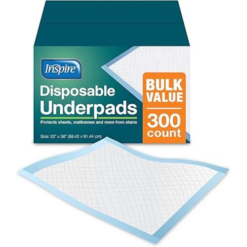 Inspire Bulk Savings Pack 300 ct. Disposable Chux Underpads, 23 x 36 Inches, Moderately Absorbent Puppy Pads for Dogs Incontinence Disposable Adult Bed Protector Waterproof