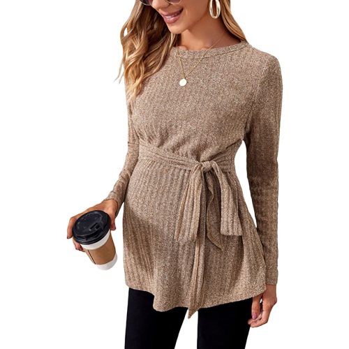 MakeMeChic Women's Maternity Shirts Casual Long Sleeve Tie Front Ribbed Knit Pregnancy Tee Top - XX-Large - Mocha Brown