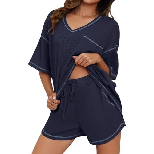 Womens Pajama Sets Waffle Knit 2 Piece Short Lounge Set Cute Sleep Loungewear Pjs Set Short Sleeve Top and Shorts