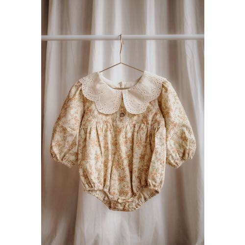 Baby Girls Floral Beige Cotton Corduroy Lace Collar Long Sleeve Romper | Vintage | Heirloom | Birthday | Special Occasion
