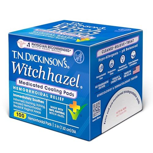 T.N. Dickinson’s Medicated Cooling Pads with Witch Hazel and Aloe | Hemorrhoid Treatment, Postpartum Care, Feminine & Rectal Relief | 100 Rounds