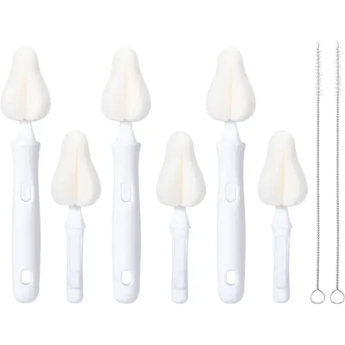 8 Pcs Sponge Nipple Bottle Brushes, Baby Bottle Brush with 3 Pcs Nipple Cleaner, 3 Pcs Replacement Heads and 2 Pcs Straw Brushes, White