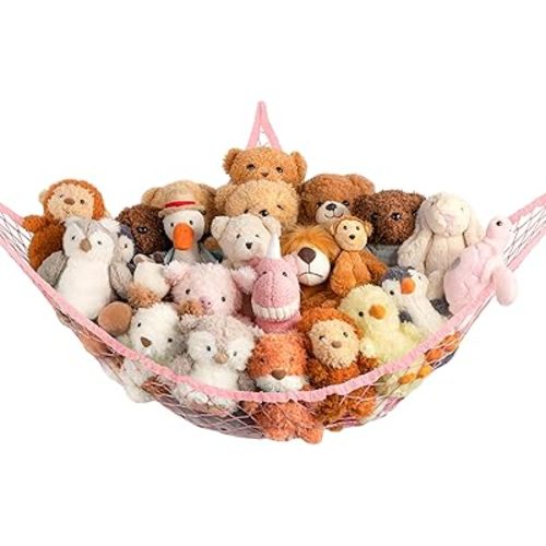 Stuffed Animal Storage Hammock Net Corner - Large Toy Hammock Net for Stuffed Animals Room Decor - Cute Stuff Animal Organizer Holder for Plush Plushie - Kids Baby Nursery Wall Bedroom Home Decor