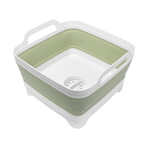 2.4 Gal(9L) Collapsible Dish Basin with Drain Plug, Space Saving Outdoor Multiuse Foldable Sink Tub, Dishpan, Kitchen Storage Tray for Camping, Vegetable Washing, RV (Green)