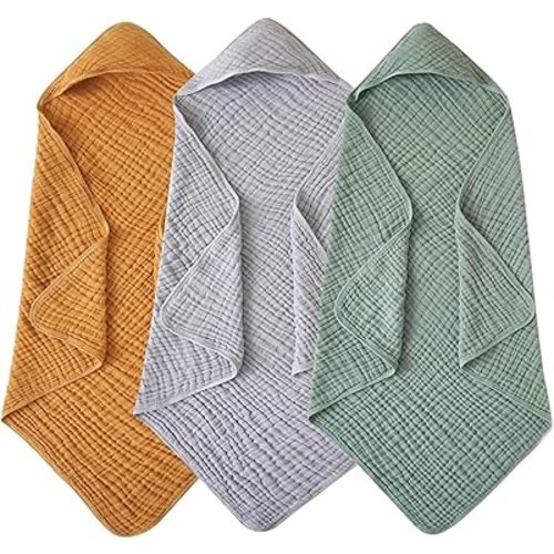 3 Pack Hooded Baby Towels for Newborn 100% Muslin Cotton Baby Bath Towel with Hood for Babies, Infant, Toddler and Kids, Large 35x35Inch, Soft and Absorbent Newborn Essential