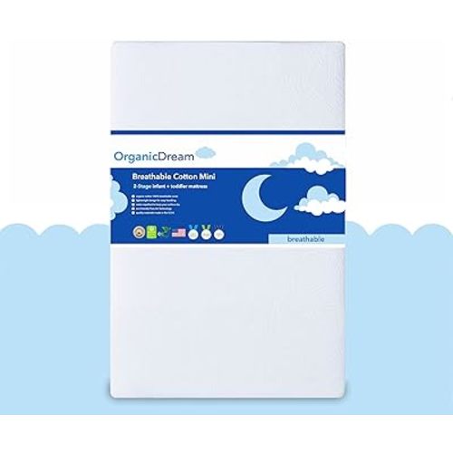 ORGANICDREAM 5" Mini Crib Mattress - 100% Breathable Proven to Reduce Suffocation Risk - GREENGUARD I 2-Stage I Washable I Extra Firm Infant Side and Plush Toddler (38x24x5) - Deluxe 5" Thick