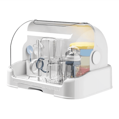 Portable Baby Bottle Drying Rack with Dustproof Lid, Removable Drip Tray, and Compact Storage Design White