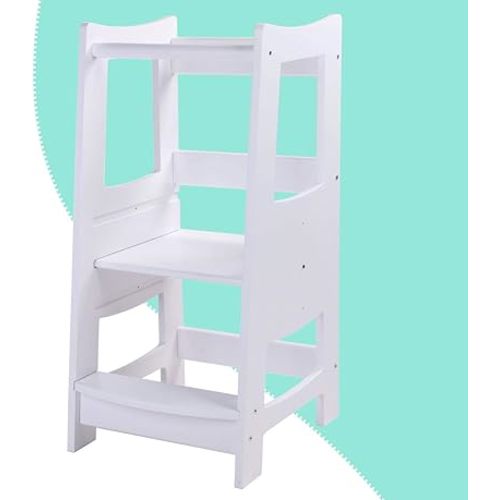 Toddlers Kitchen Step Stool with Safety Rail Kids Wooden Standing Tower for Kitchen Counter and Bathroom Sink, 3 Heights Adjustable Step Up Stool Mothers' Helper, Solid Wood Construction, White