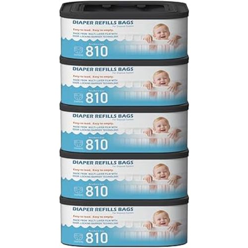 Jumbo Square Refills Disposal Bags Refill Compatible with Diaper Genie Classic, Compact and Select Pails, Hold Up to 810 Newborn-Sized Diapers Per Refill, Baby Powder Scent, 5 Packs