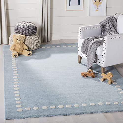 SAFAVIEH Kids Collection Area Rug - 5' x 8', Blue & Ivory, Handmade Polka Dot Border Wool, Ideal for High Traffic Areas in Living Room, Bedroom (SFK802M)