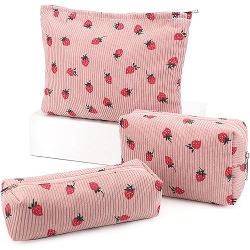 EIMMBD Makeup Bag 3 Pieces Large Capacity Cosmetic Bags Travel Toiletry Bag Organizer Cute Makeup Pouch Storage for Women(Pink Strawberry)