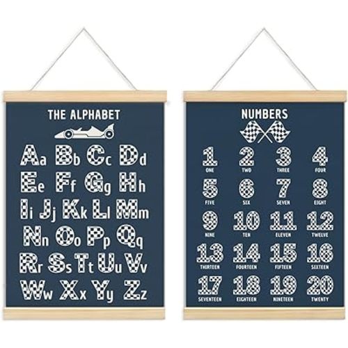 ULEGIE Alphabet Race Car Room Decor for Boys Wall Poster, Educational Posters For Preschoolers, Kids Playroom Art Prints Boys Race Car Poster Nursery Artwork Set of 2 for Bedroom, 12 x 16 Inch Navy Blue