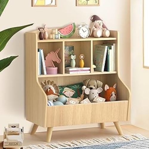 Kids Bookshelf and Toy Storage, 3-Tier Wooden Bookcase, Baby Book and Toy Storage Display Organizer with Spacious Top Shelf for Children, Friends, Family, Natural Wood Color