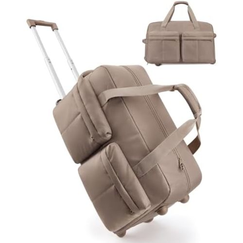 BAGSMART Rolling Duffle Bag with Wheels, Carry On Wet Pocket Duffel for Travel with Handle, Camel