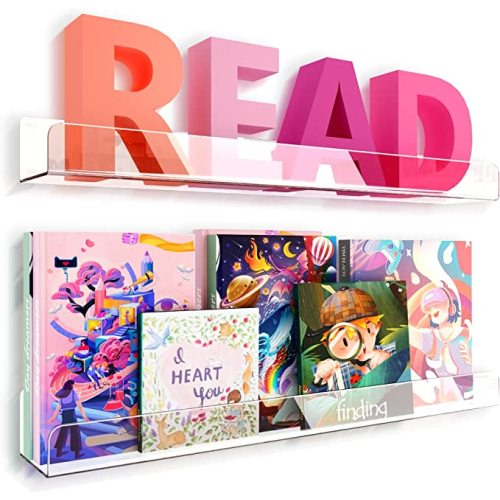 24 inches Wall Mounted Kids Bookshelf, Clear Acrylic Display Book Shelves for Kids Room Nursery Toddler Classroom 2 Packs