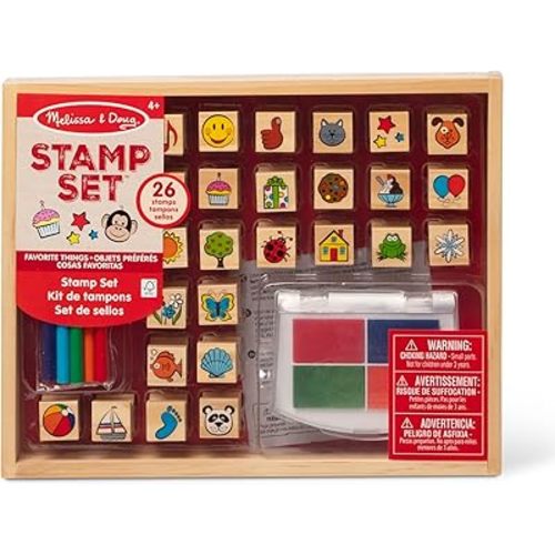 Melissa & Doug Wooden Stamp Set, Favorite Things - 26 Wooden Stamps, 4-Color Stamp Pad