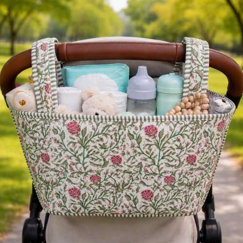 Floral Block Print Stroller Organizer, Handmade Cotton Pram Caddy, Diaper Storage Basket