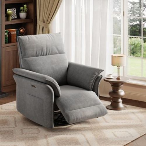 Power Recliner Chair Swivel Glider Upholstered Nursery Rocker Reclining Sofa Chair with Charging Port, Double-Layered Armrests & Side Pocket