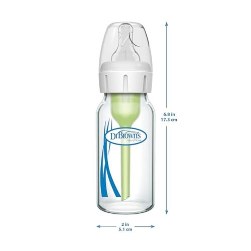 Dr. Brown's Natural Flow Anti-Colic Options+ Narrow Glass Baby Bottle 4 oz/120 mL, with Level 1 Slow Flow Nipple, 2 Pack, 0m+