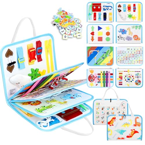 Esjay Toddler Busy Board Montessori Toys, Sensory Board Educational Activities for Learning Fine Motor Skills, Gifts for Girls Boys Toddlers 3+ Year Old, Travel Toys for Airplane Car,White Dinosaur
