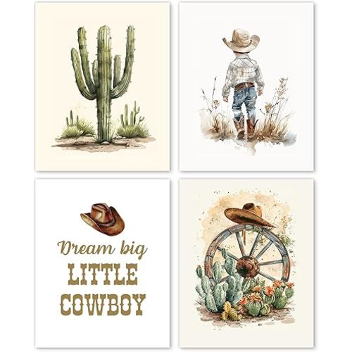 Hxlac Western Cowboy Nursery Wall Art Prints Set of 4 UNFRAMED - Western Wall Decor for Toddler Baby Boy Room, Cowboy Nursery Decor, Western Pictures Wall Decor (8x10 Inches)