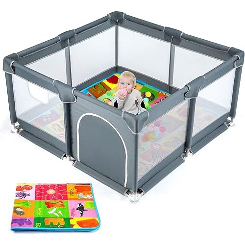 Baby Playpen Playard for Babies and Toddlers, Baby Fence Play Pens for Indoor & Outdoor, Sturdy Safety Play Yard with Breathable Mesh and Anti-Slip Mat,Grey