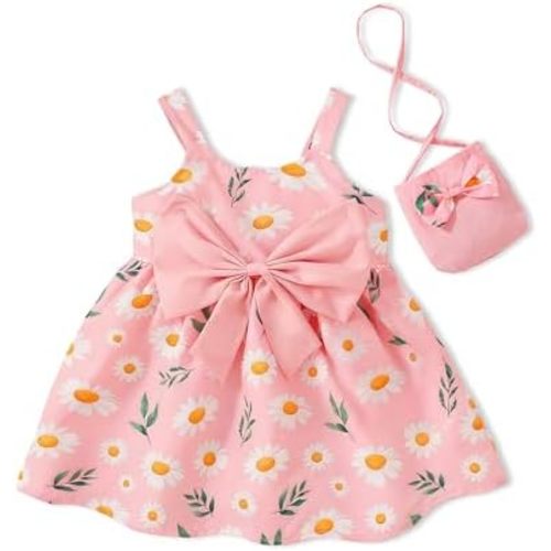 Toddler Baby Girl Dresses Summer Outfits Sleeveless Bowknot Clothes Infant Casual Sundress for Cute Girl Hat+Bag