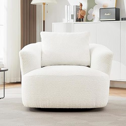 360° Oversized Swivel Nursery Armchair Ergonomic Upholstered Accent Barrel Chair W/Wider Armrests and Big Pillow, Comfy Chenille Boucle Cloud Leisure Sofa Chair for Home Apartment Living Room Bedroom