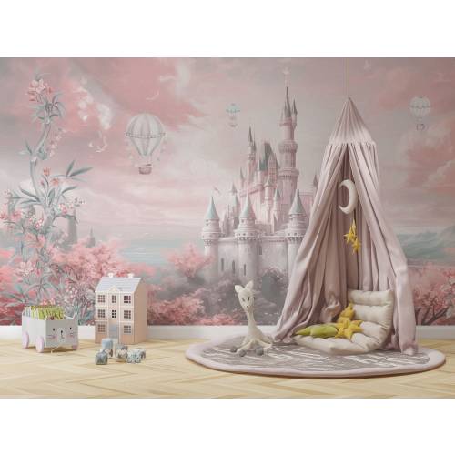 Fairy Castle Watercolor Design Kids Wallpaper | Fairy Forest Houses, Self-adhesive Removable Mural | Nursery Wall Decor | Pink Colors Mural