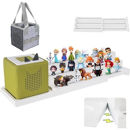 Expandable Wooden Tonie Shelf with Storage Steps - Extendable 3-Slot Organiser for Toniebox 1&2 and Tonie Figures, Perfect for Kids' Rooms & Play Areas (White)