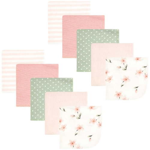 Hudson Baby Infant Girl Flannel Cotton Washcloths, Pink Dainty Floral 10 Pack, One Size