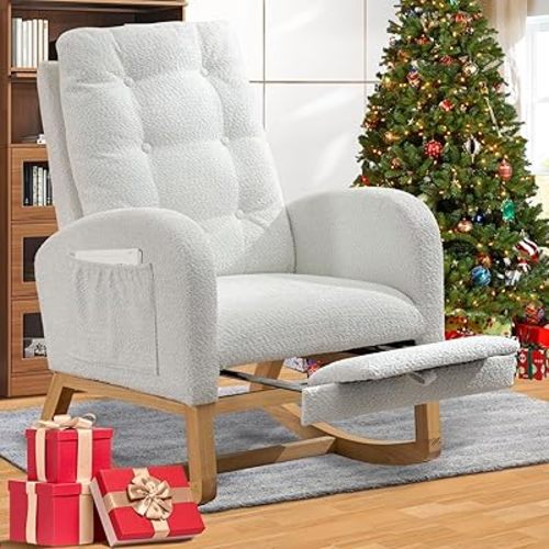 Nursery Rocking Chair with Retractable Footrest & High Back Ergonomic Gliding Rocker Chair with Side Pockets Modern Accent Single Sofa Nursing Chair for Living Room Leisure Bedroom,White