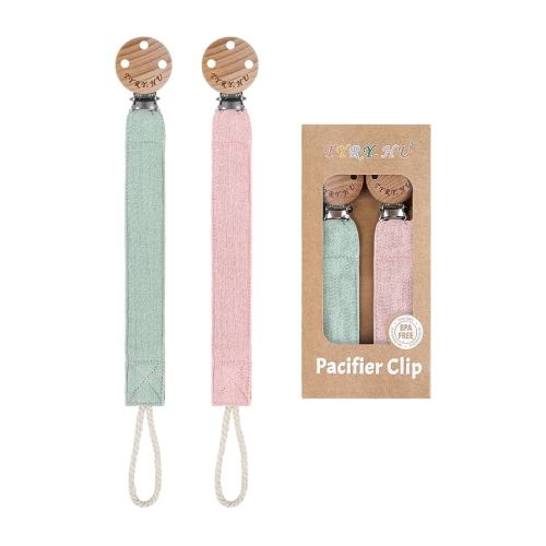 TYRY.HU Ribbon Pacifier Clip Holder,2 Pack Binky Paci Holder Clips, Pacifier Leash for Baby Boys and Girls, Soft Webbing Strap Universal Fits for Most Pacifier, Styles & Teethers Toys(Green,Pink)